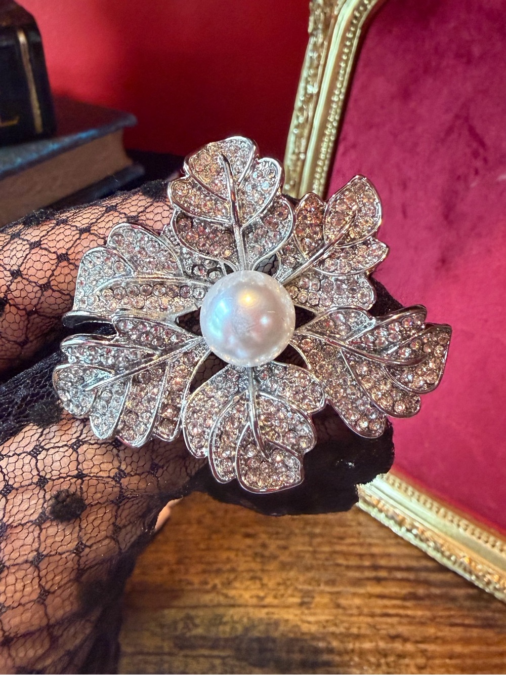 Pearl Leaf Floral Crystal Brooch